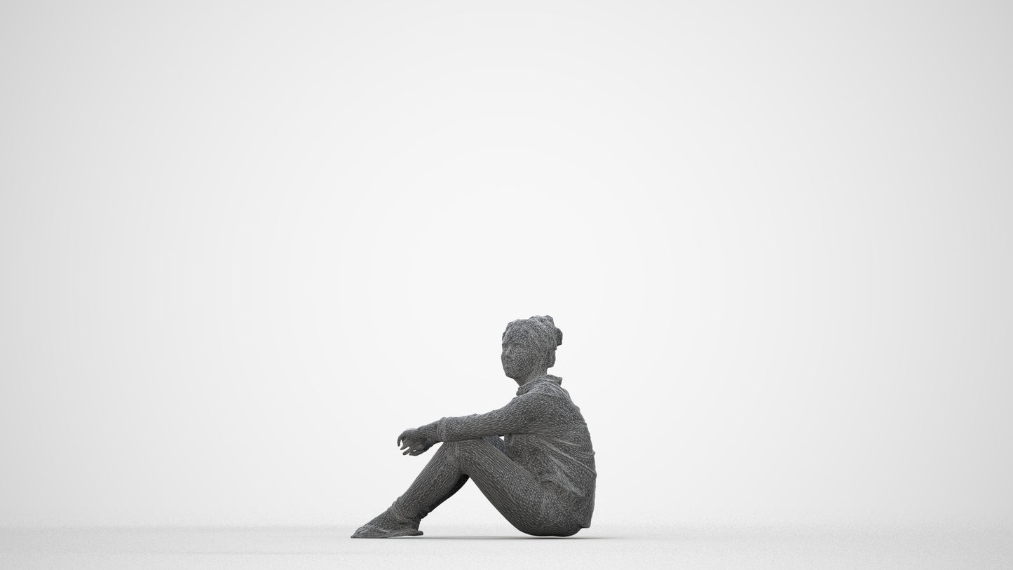 photogrammetry 3D woman casual sitting, realistic human model archviz FBX, wireframe back view