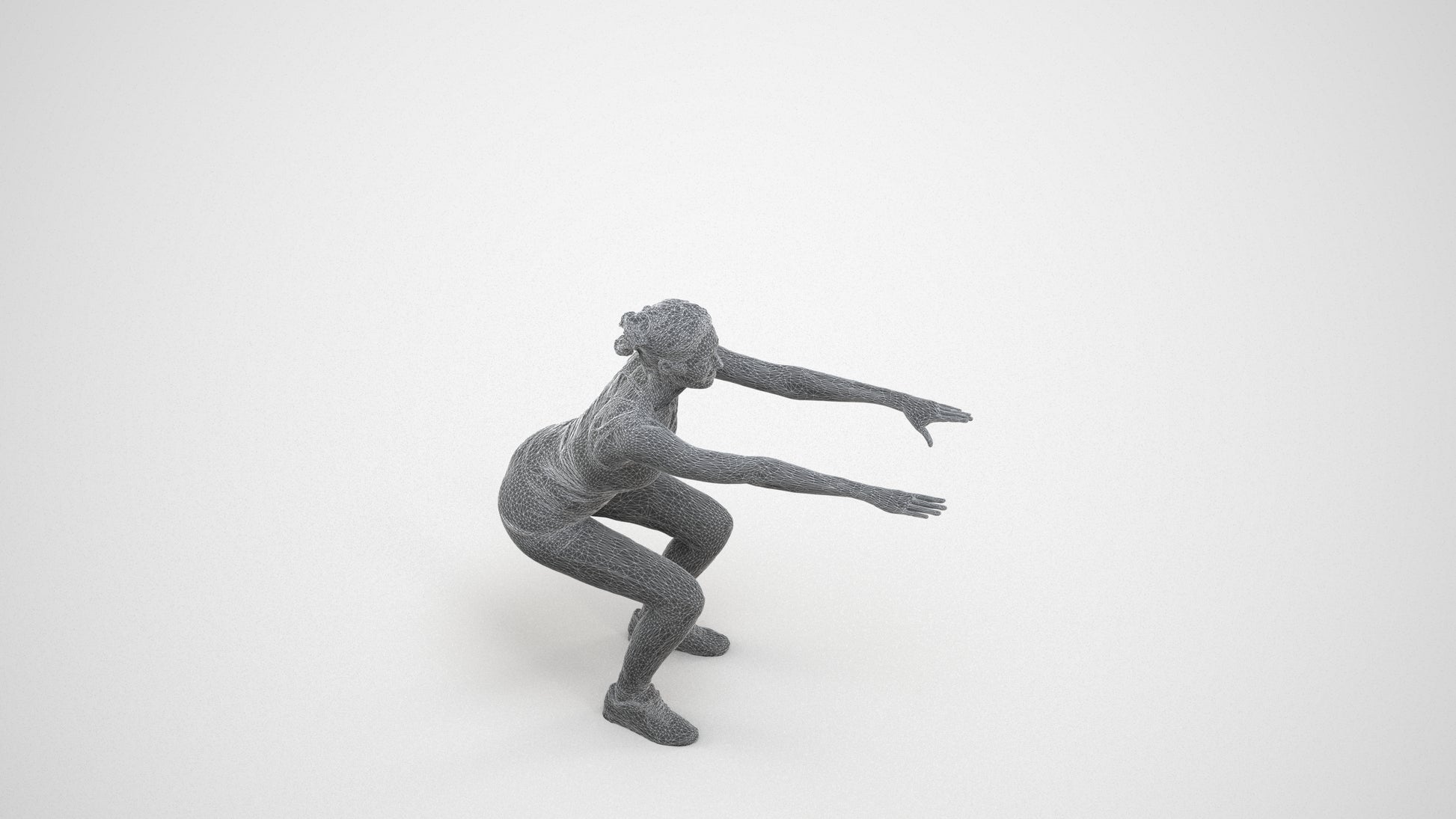 3D human model woman sport, photogrammetry scanned person for archviz, wireframe three-quarter view