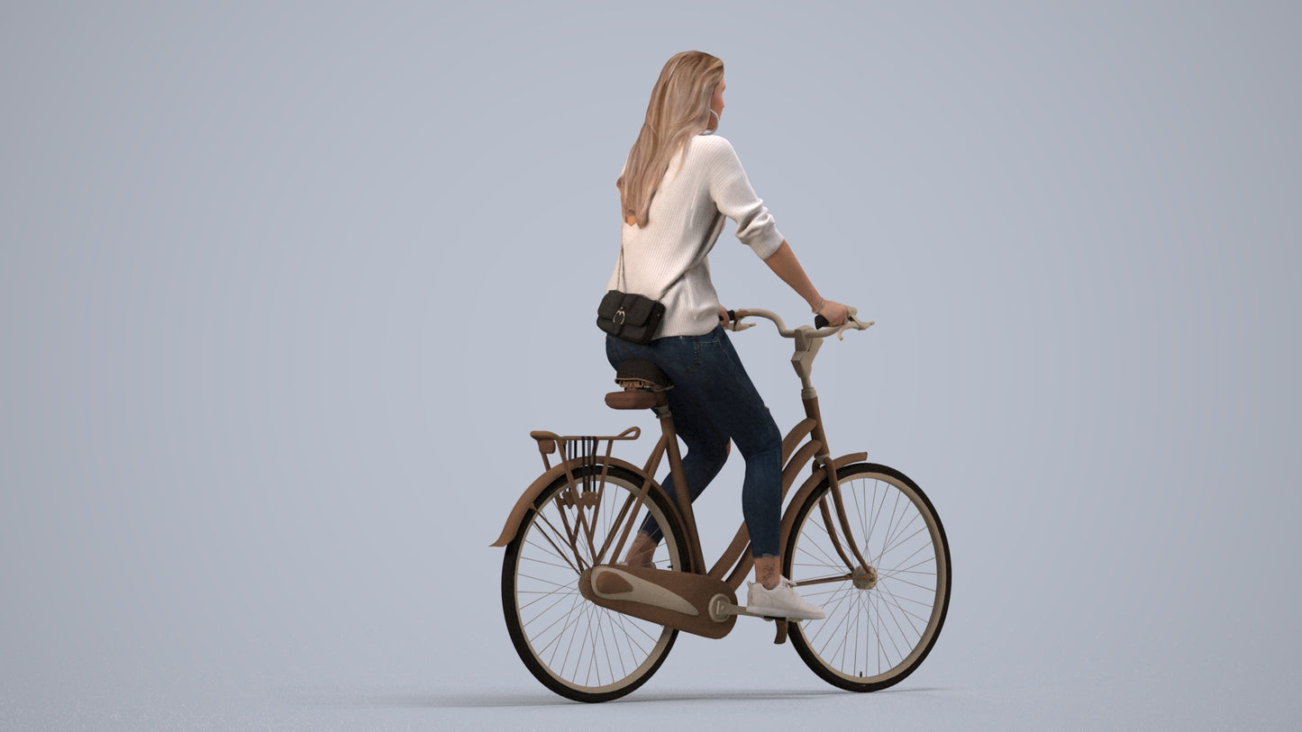 realistic 3D woman casual cycling, scanned archviz people for Blender and 3ds Max, side view render