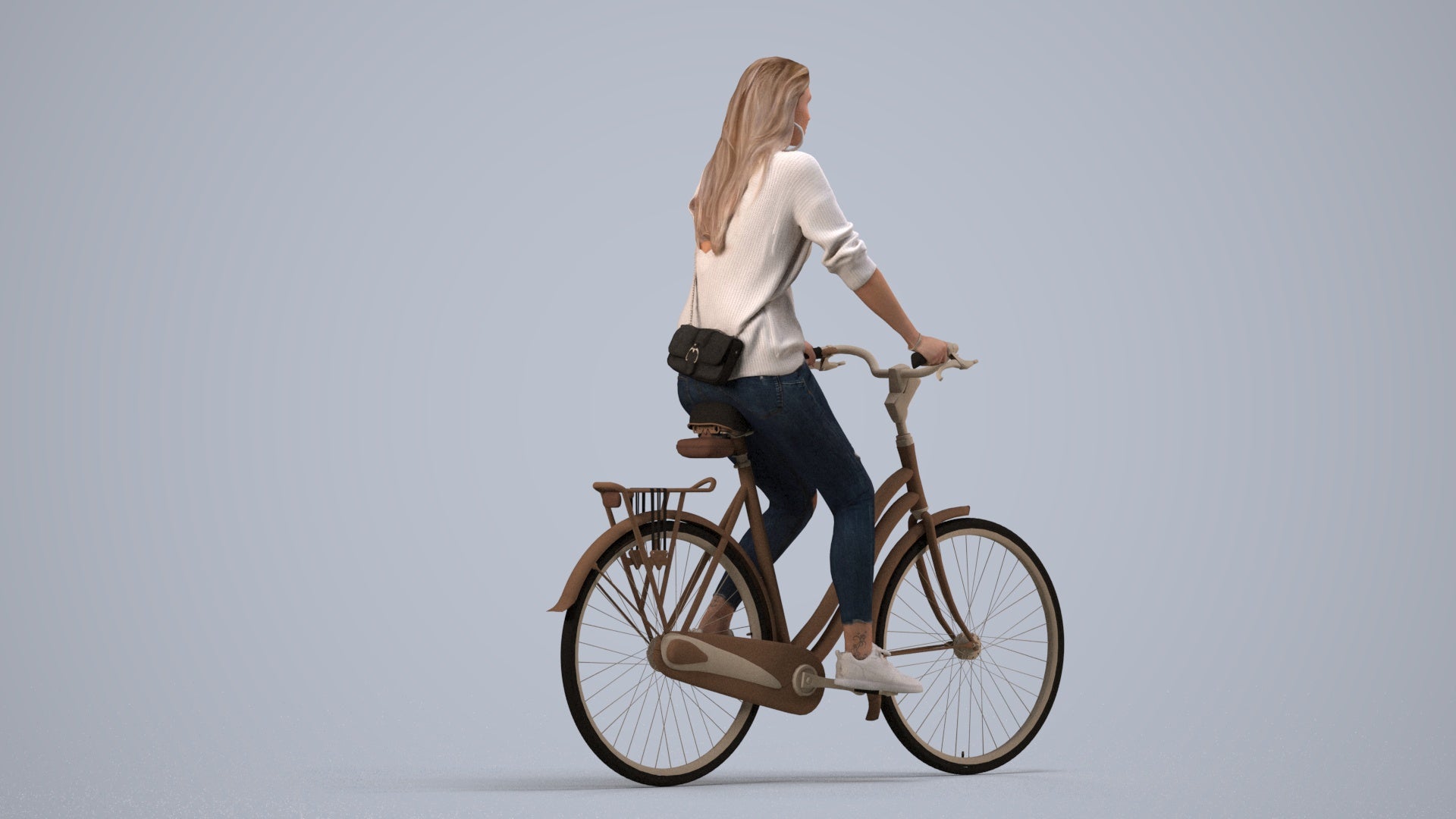 realistic 3D woman casual cycling, scanned archviz people for Blender and 3ds Max, side view render