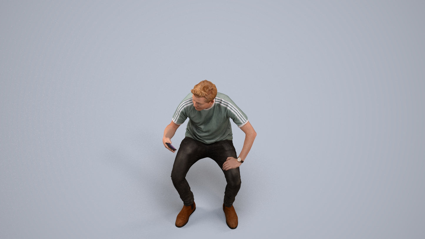 3D human model man casual sitting, photogrammetry scanned person for archviz, back view render