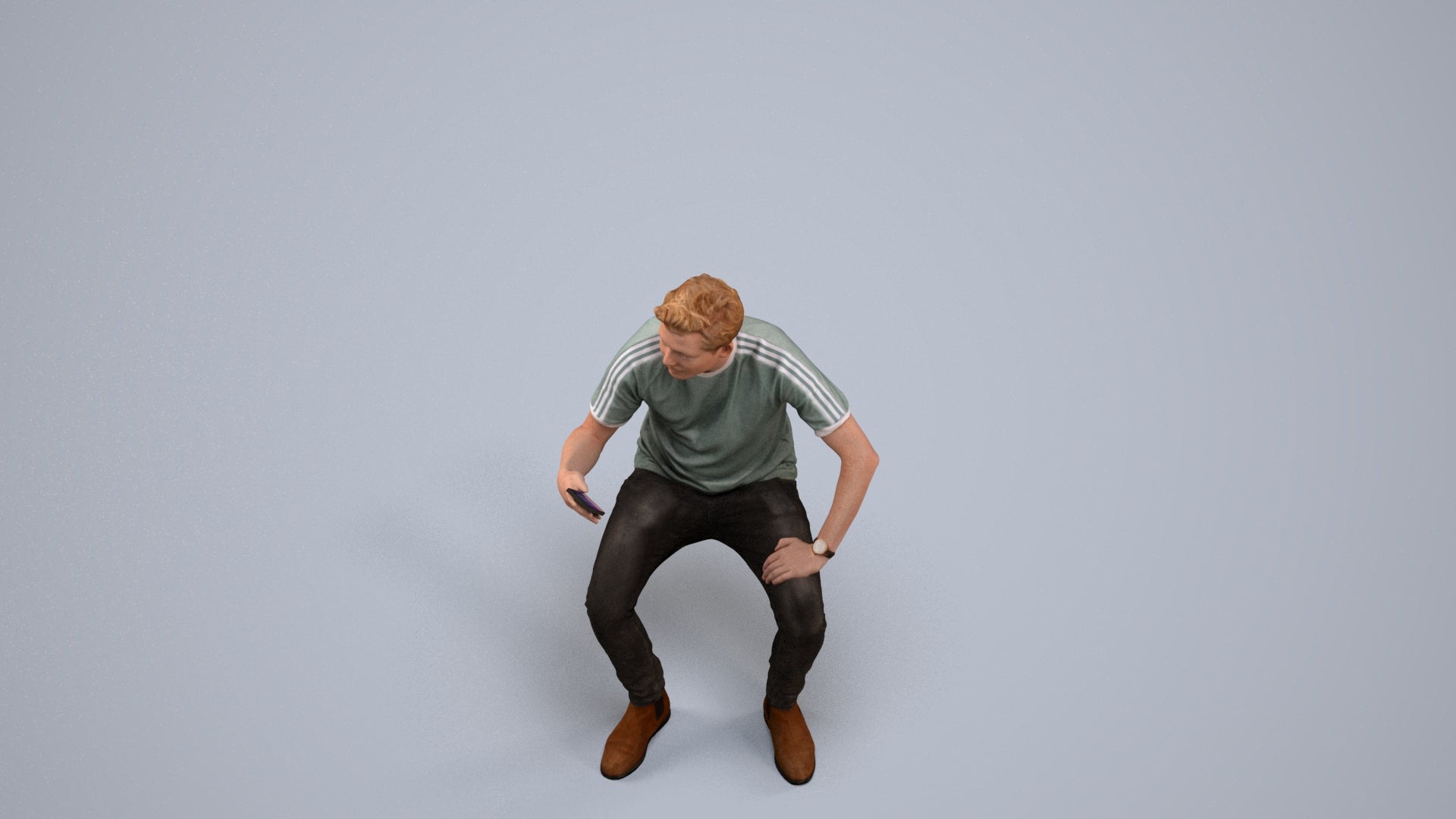 3D human model man casual sitting, photogrammetry scanned person for archviz, back view render