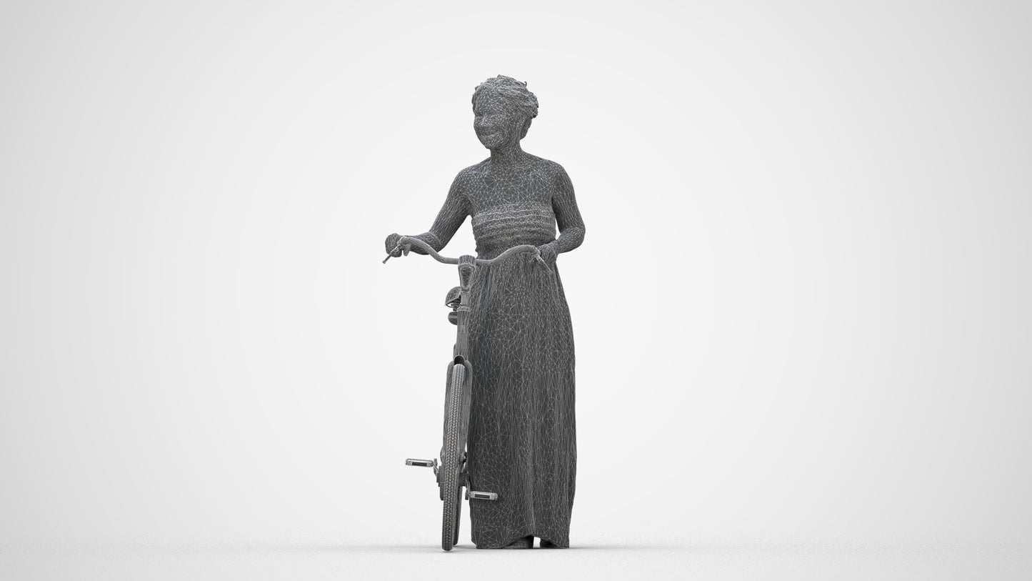 3D scanned woman cycling casual, photorealistic archviz people for Enscape and SketchUp, wireframe back view