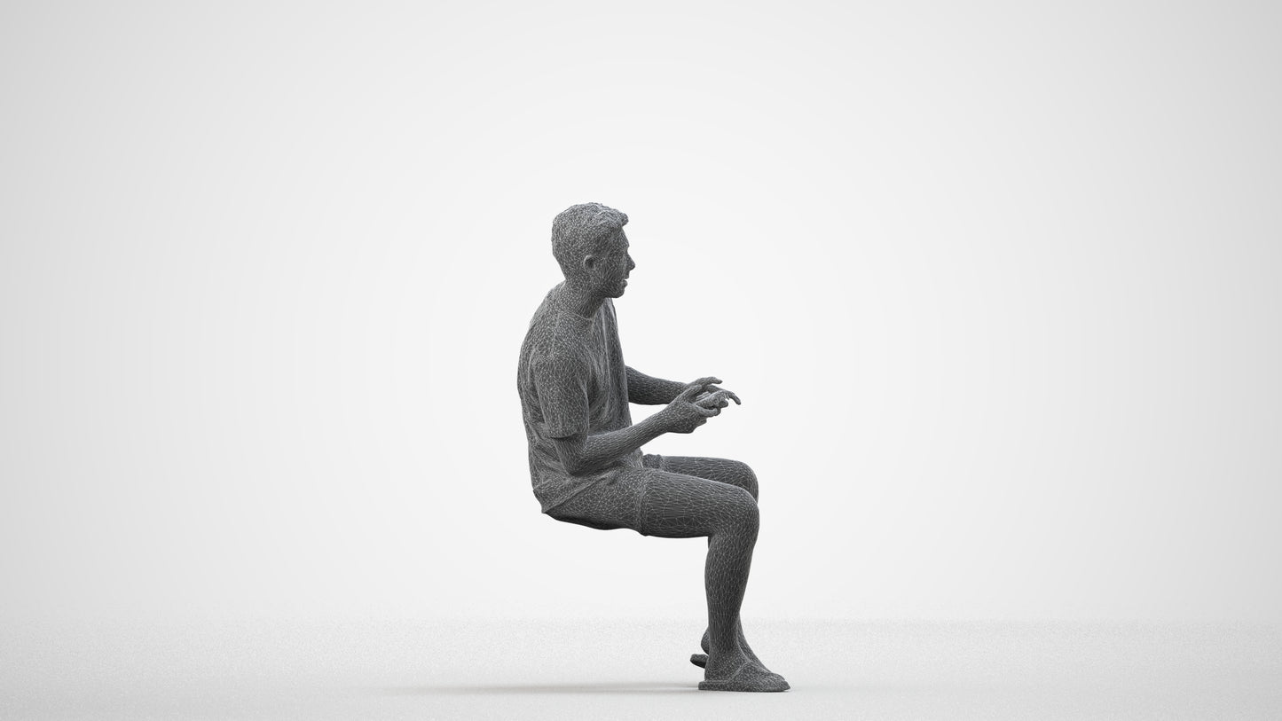 realistic 3D human man casual sitting, archviz people FBX OBJ for Blender, wireframe side view
