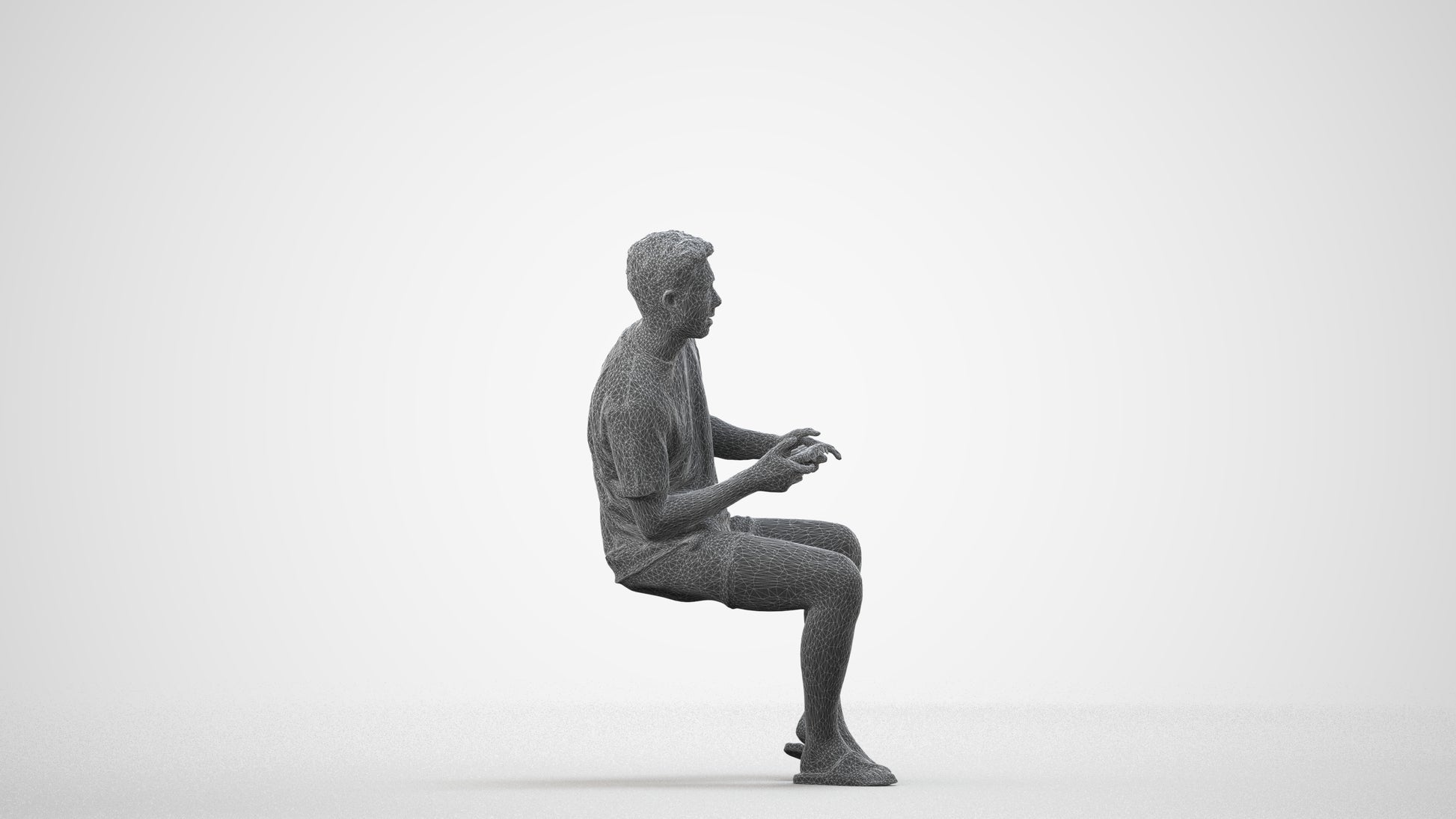 realistic 3D human man casual sitting, archviz people FBX OBJ for Blender, wireframe side view