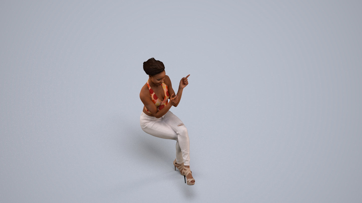 3D scanned woman sitting casual, photorealistic archviz people for Enscape and SketchUp, back view render