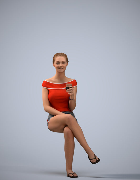 realistic 3D human girl casual sitting, archviz people FBX OBJ for Blender