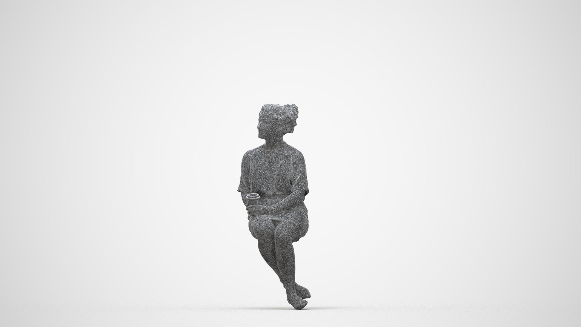 3D human model woman casual sitting, photogrammetry scanned person for archviz, wireframe back view