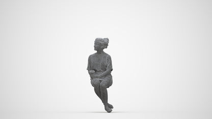 3D human model woman casual sitting, photogrammetry scanned person for archviz, wireframe back view