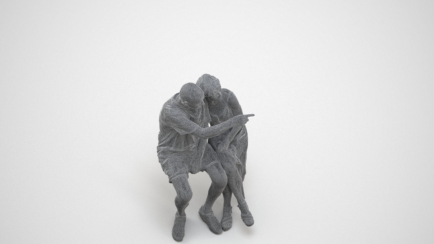 photogrammetry 3D senior woman couple, realistic human model archviz FBX, wireframe three-quarter view