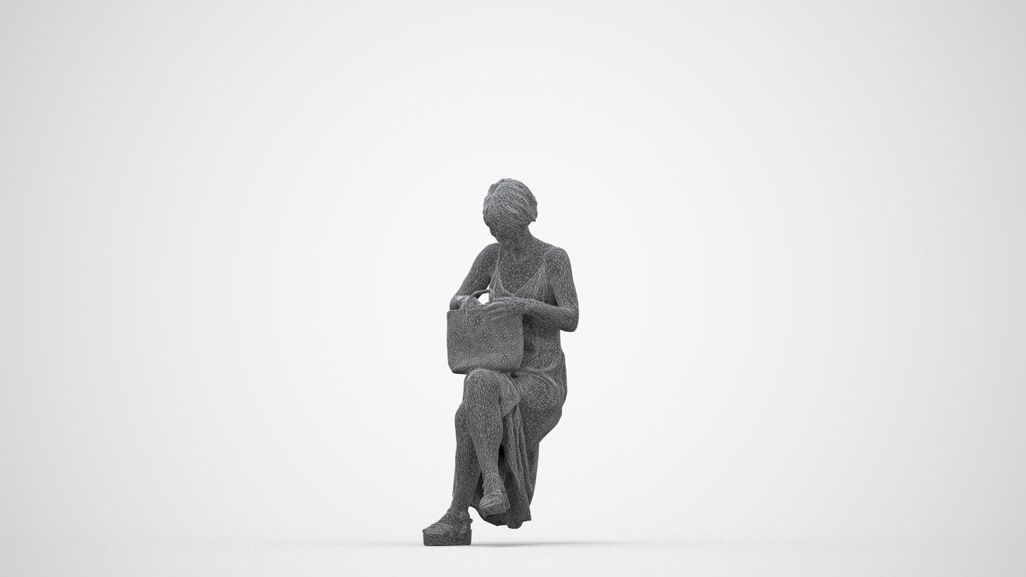 3D human model senior woman sitting, photogrammetry scanned person for archviz, wireframe back view