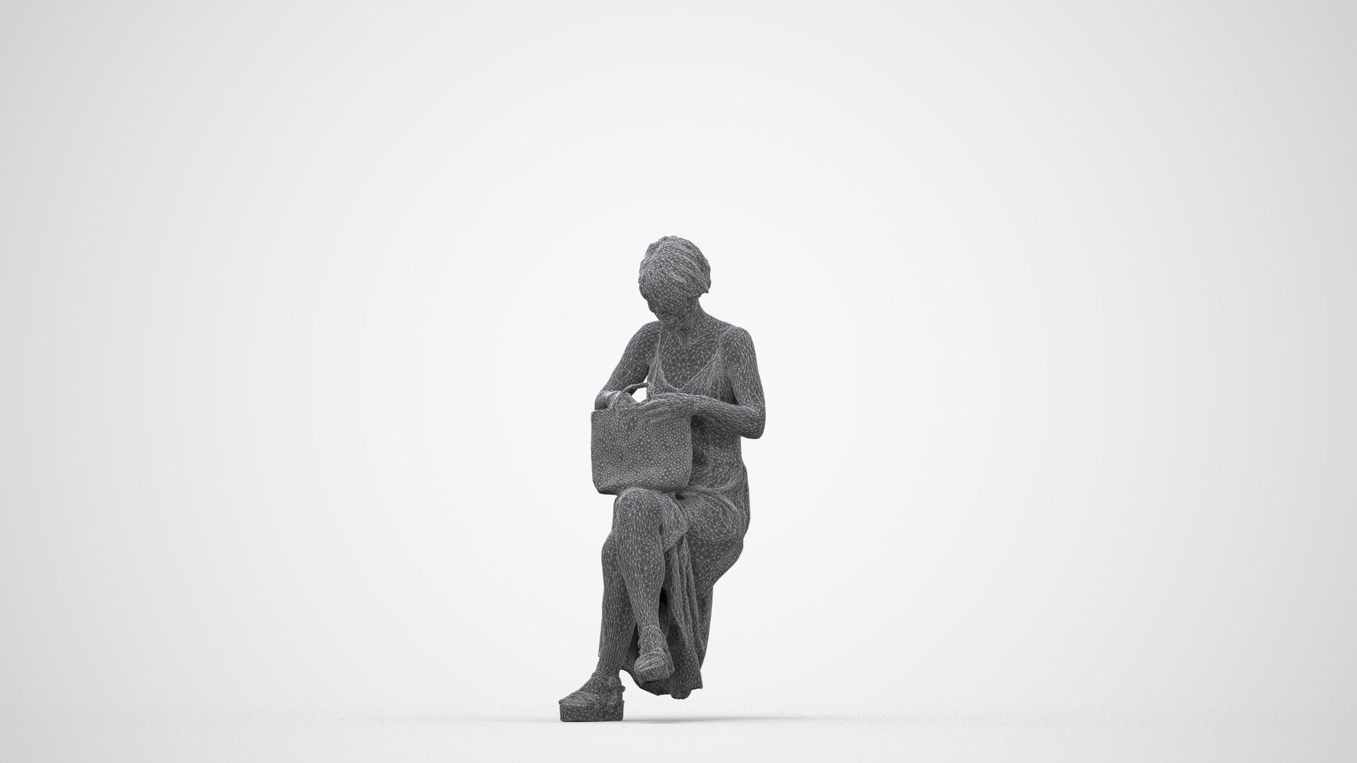 3D human model senior woman sitting, photogrammetry scanned person for archviz, wireframe back view