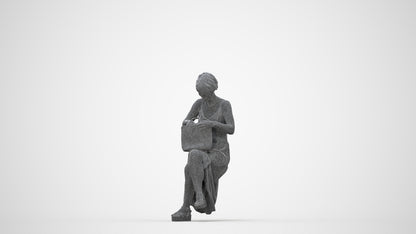 3D human model senior woman sitting, photogrammetry scanned person for archviz, wireframe back view