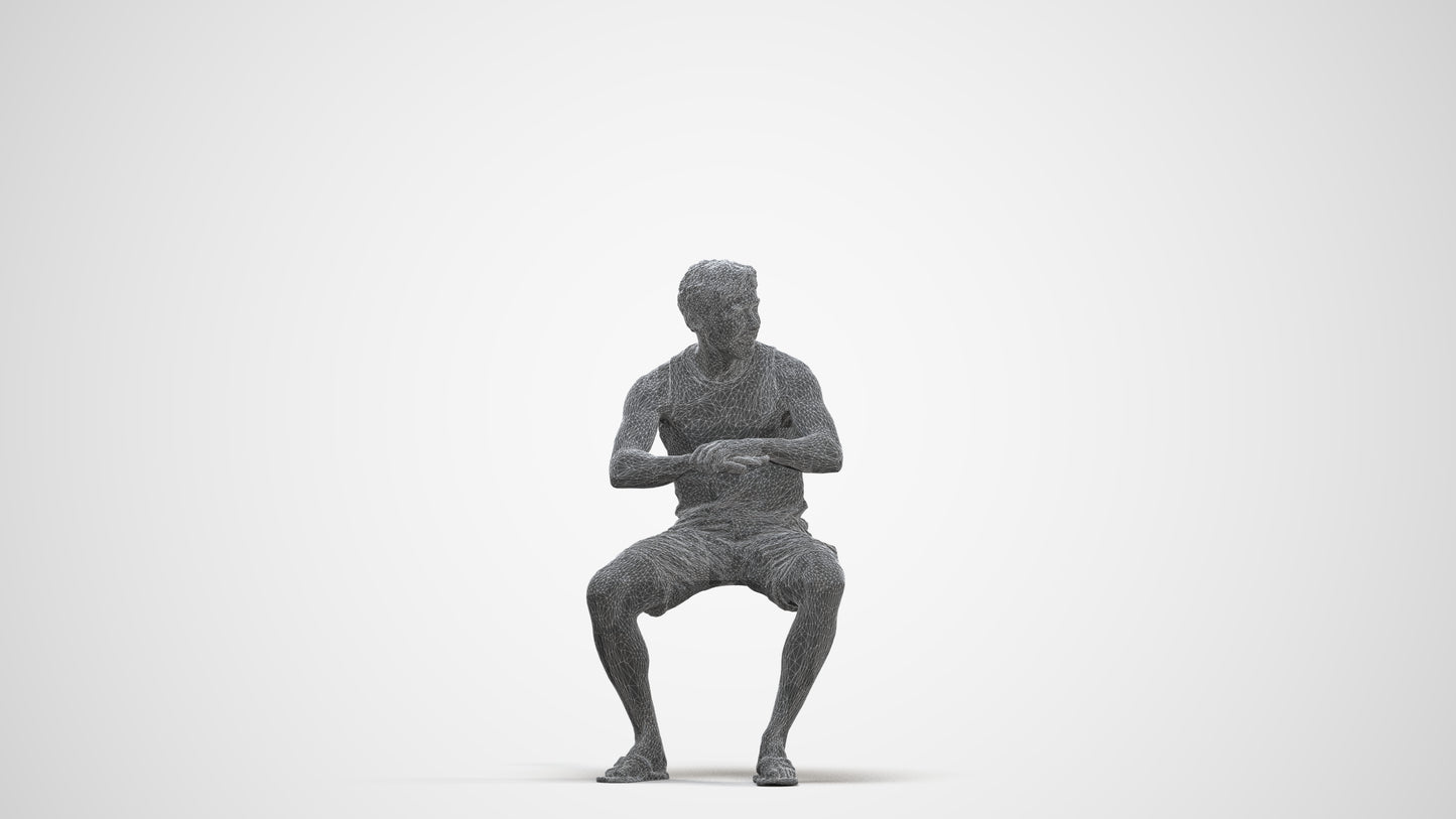 scanned 3D man casual sitting, photogrammetry people for Enscape and V-Ray, three-quarter front view render