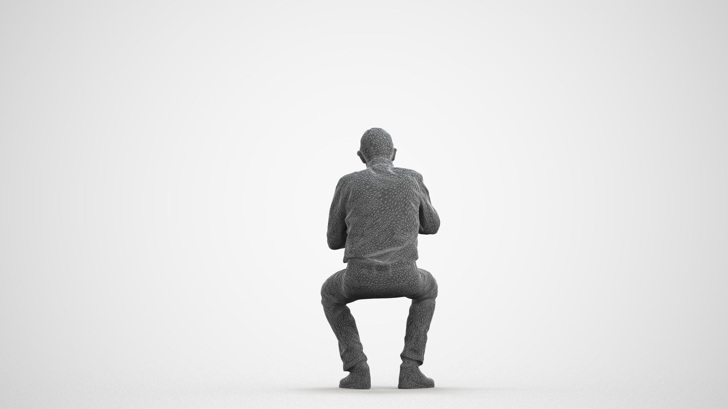 3D human model senior man casual sitting, photogrammetry scanned person for archviz, wireframe front view