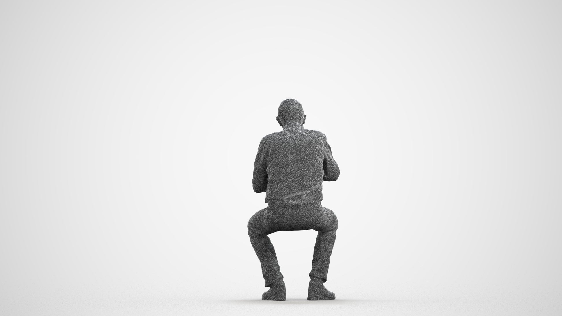 3D human model senior man casual sitting, photogrammetry scanned person for archviz, wireframe front view