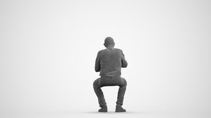 3D human model senior man casual sitting, photogrammetry scanned person for archviz, wireframe front view