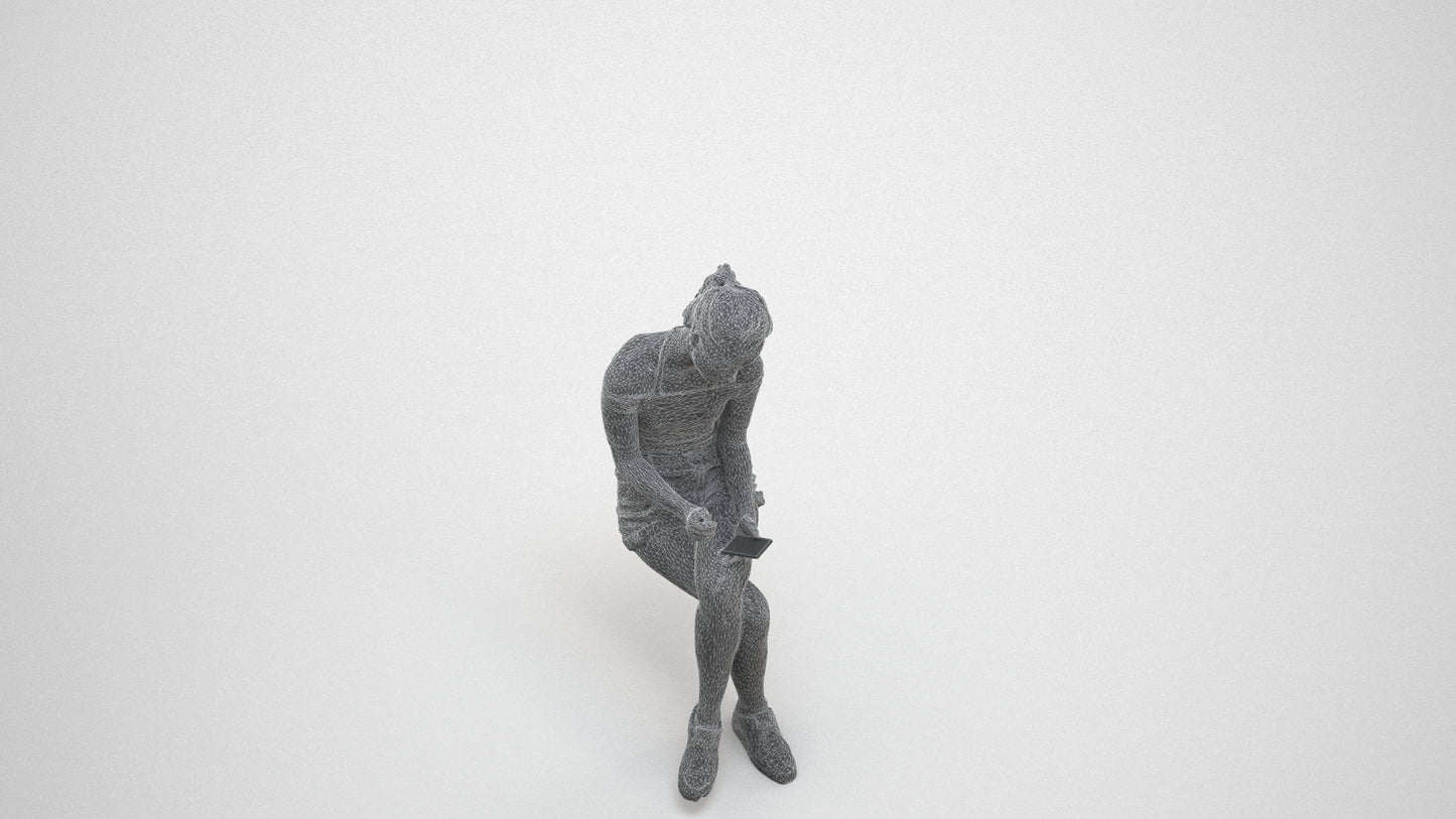 realistic 3D people woman casual sitting, render-ready for V-Ray and Corona, FBX OBJ, wireframe three-quarter view