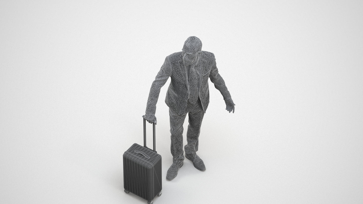 realistic 3D senior man business, scanned archviz people for Blender and 3ds Max, wireframe three-quarter view