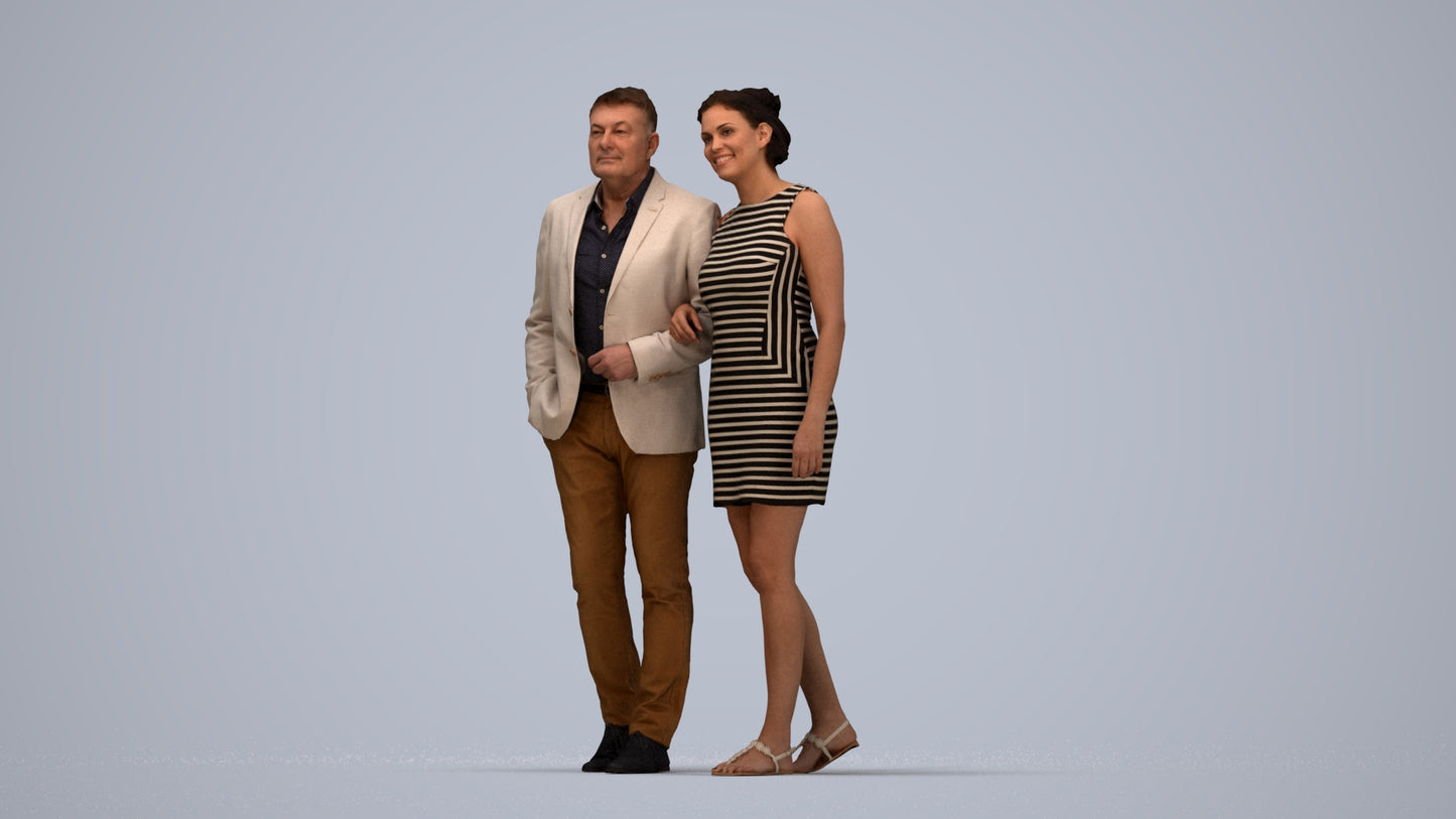 3D people model woman casual couple, scanned human for 3ds Max rendering, top-down view render