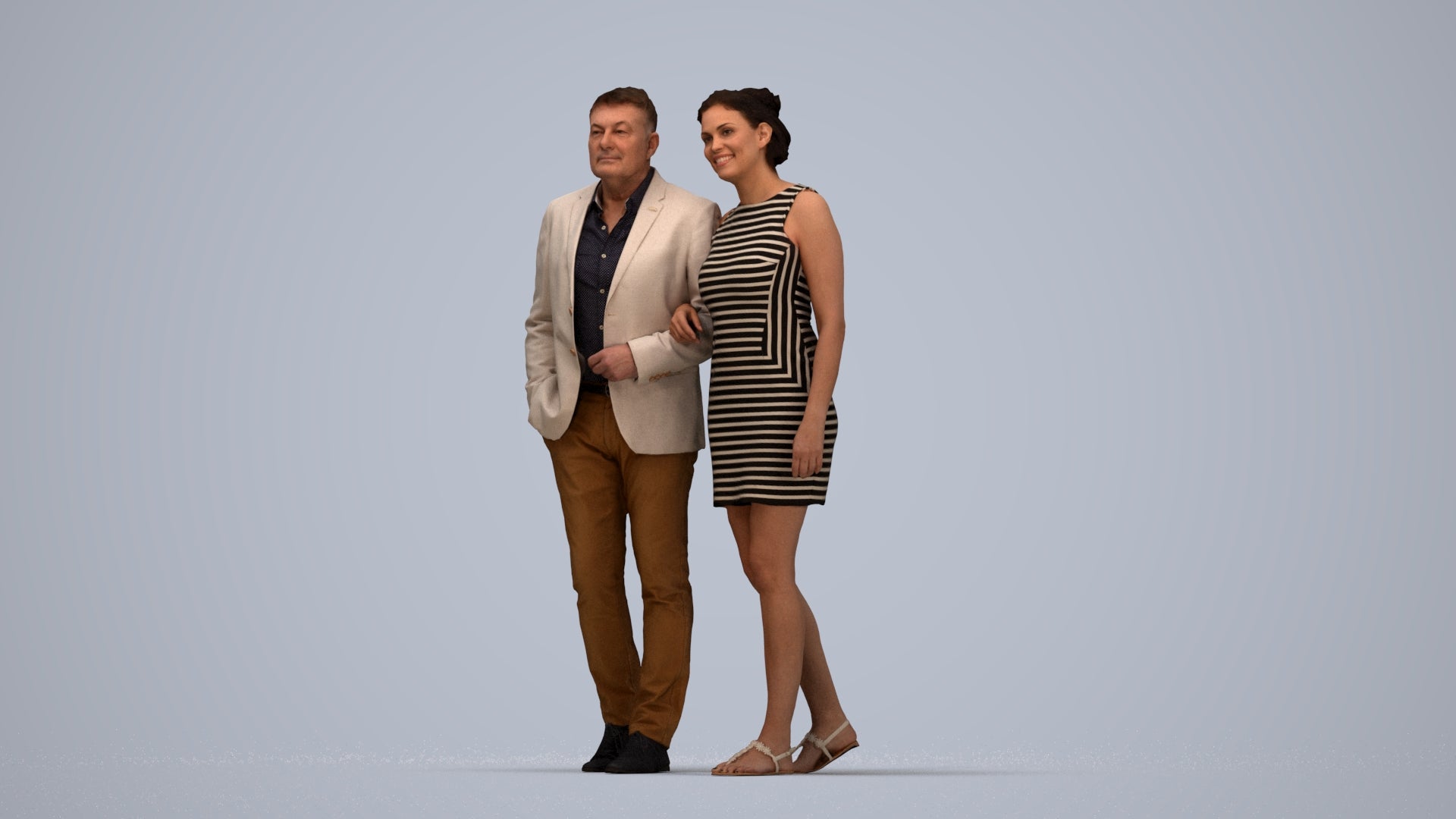 3D people model woman casual couple, scanned human for 3ds Max rendering, top-down view render