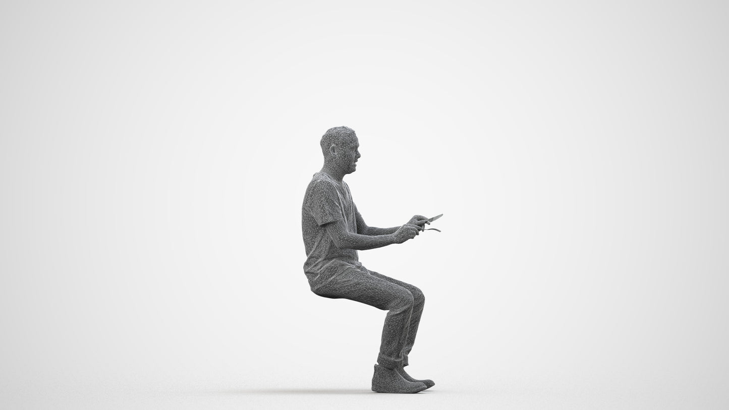 realistic 3D people man casual sitting, render-ready for V-Ray and Corona, FBX OBJ, wireframe side view