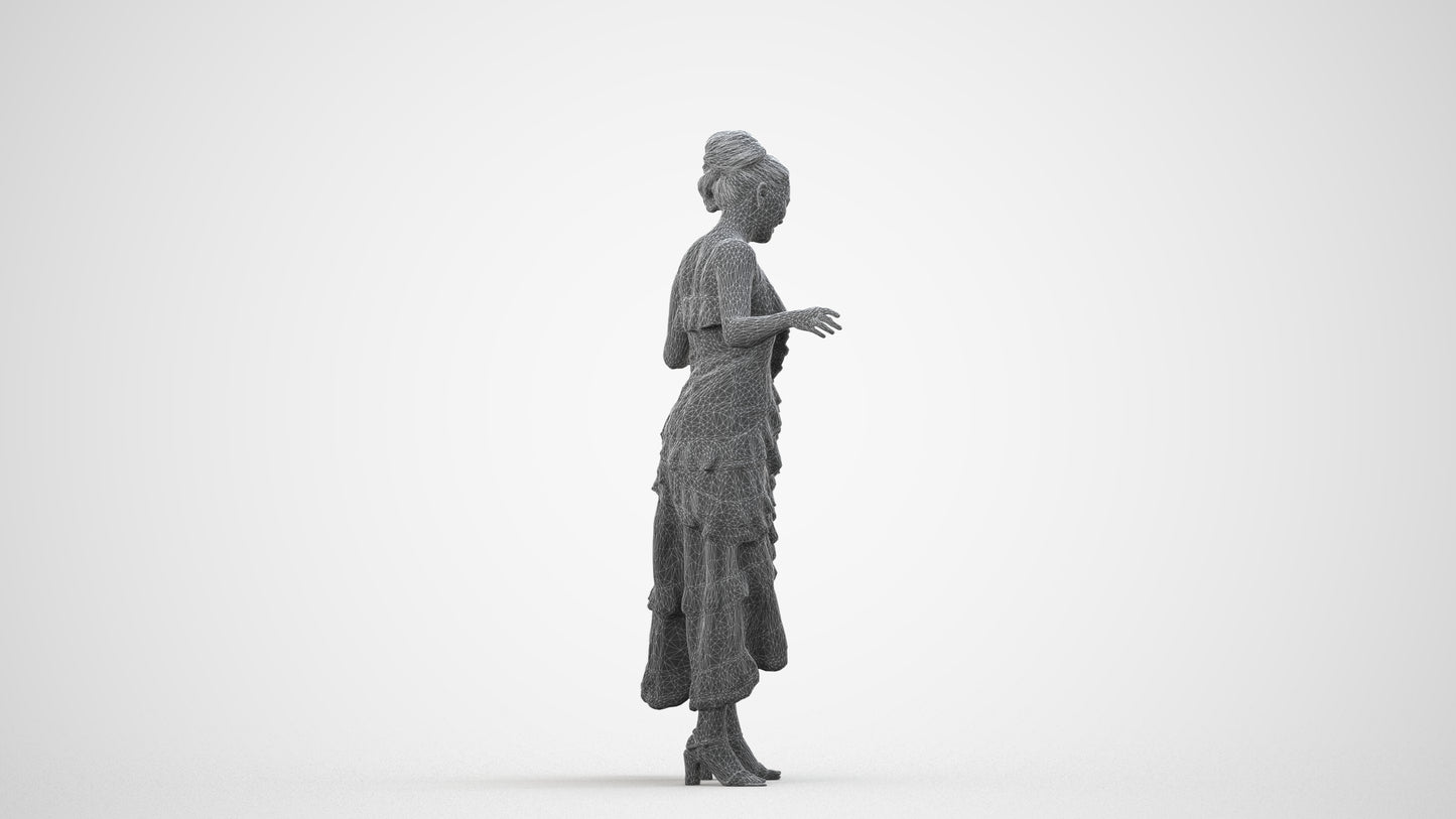3D human model woman formal, photogrammetry scanned person for archviz, wireframe side view