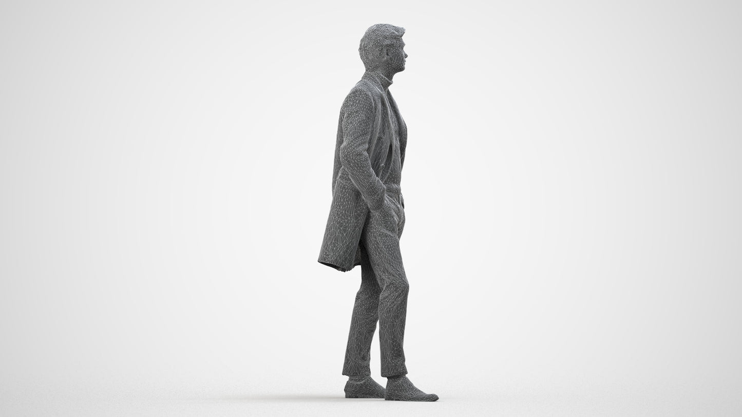 3D scanned man standing business, photorealistic archviz people for Enscape and SketchUp, wireframe side view