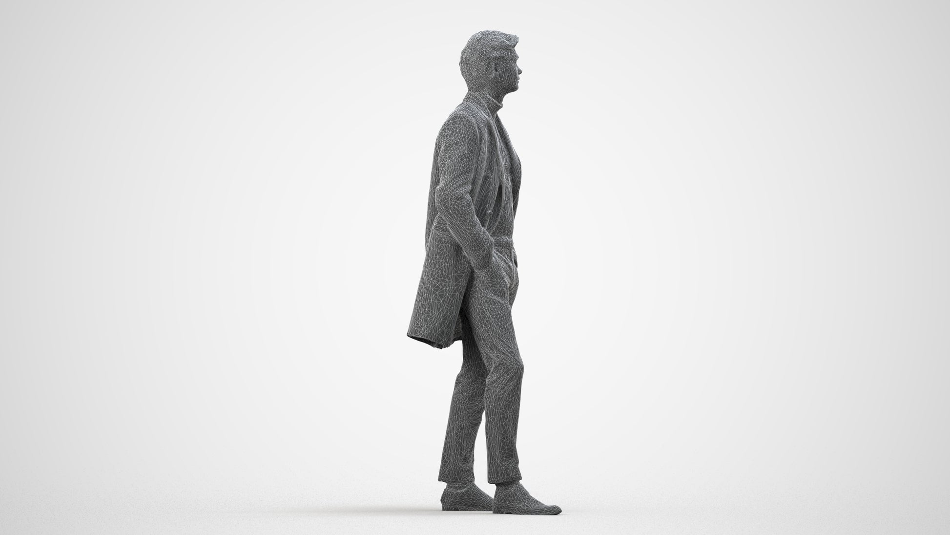 3D scanned man standing business, photorealistic archviz people for Enscape and SketchUp, wireframe side view