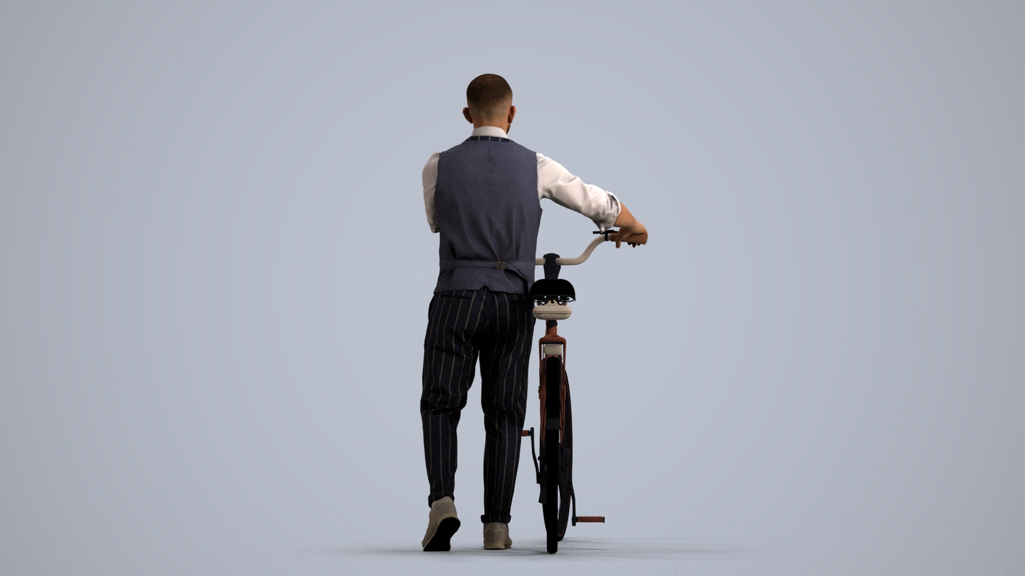 3D human model man business cycling, photogrammetry scanned person for archviz, front view render