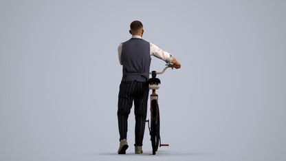3D human model man business cycling, photogrammetry scanned person for archviz, front view render