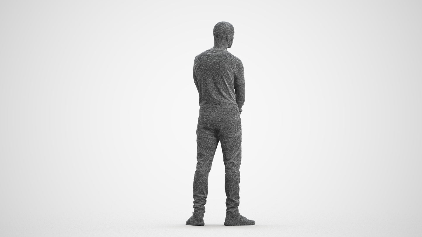 3D human model man casual standing, photogrammetry scanned person for archviz, wireframe front view