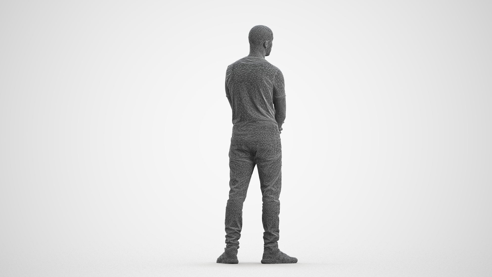 3D human model man casual standing, photogrammetry scanned person for archviz, wireframe front view
