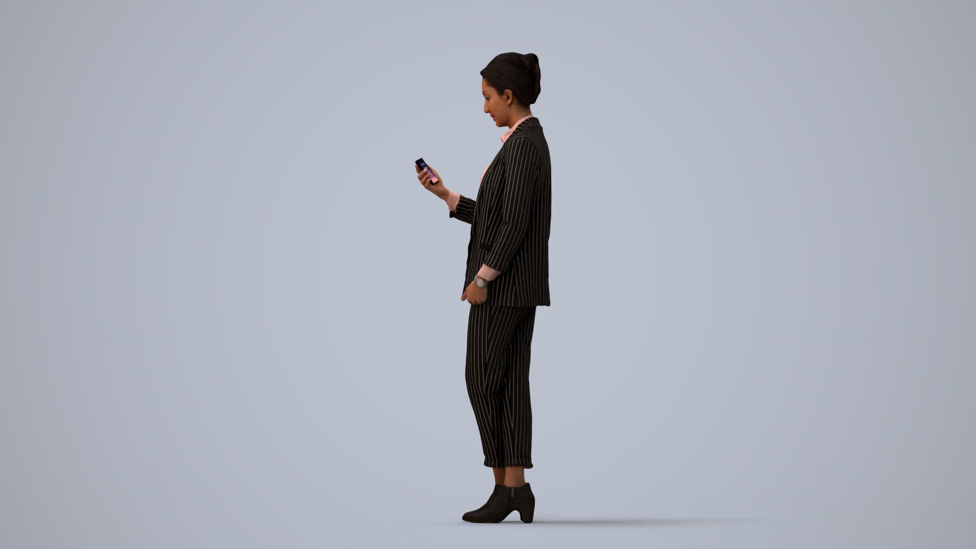 3D human model woman business, photogrammetry scanned person for archviz, three-quarter view render