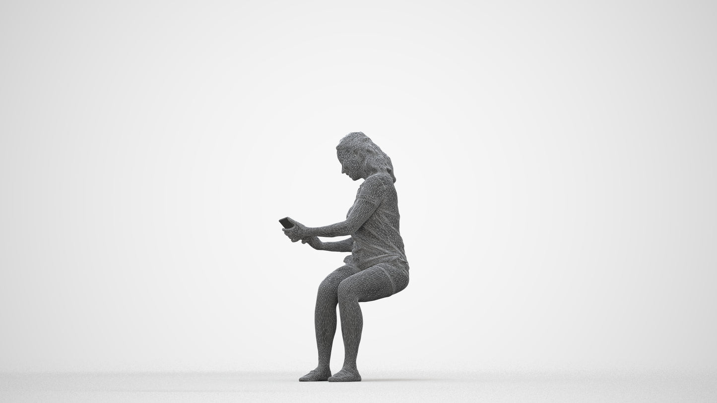 realistic 3D woman casual sitting, scanned archviz people for Blender and 3ds Max, wireframe back view