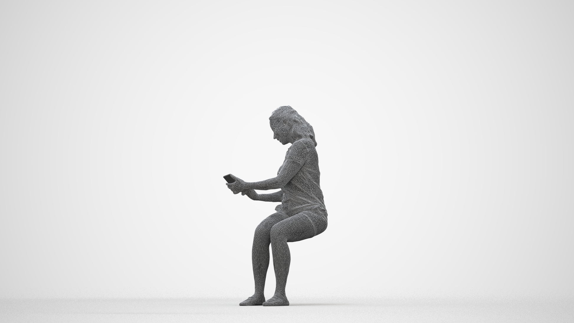 realistic 3D woman casual sitting, scanned archviz people for Blender and 3ds Max, wireframe back view
