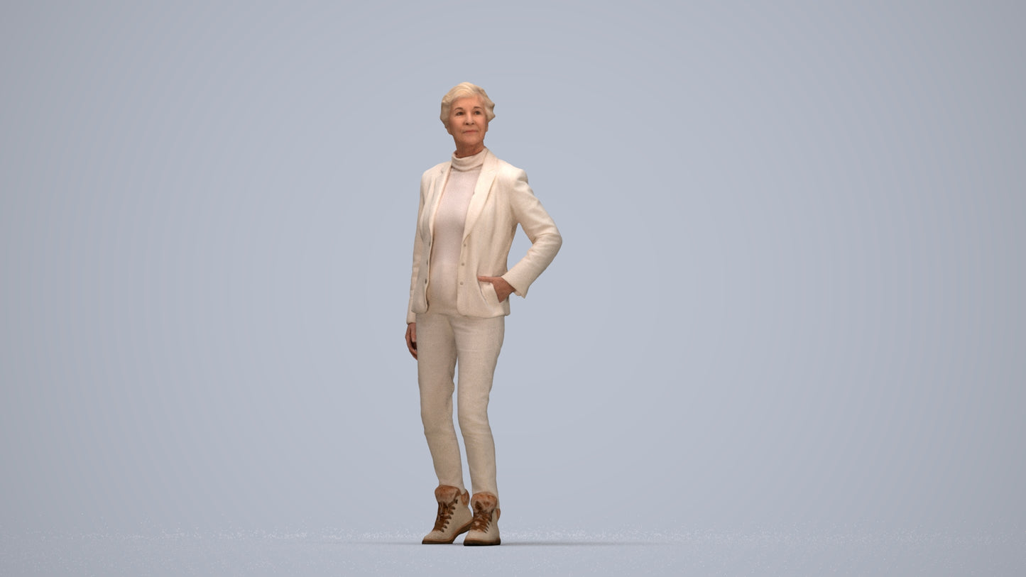 realistic 3D human senior woman business standing, archviz people FBX OBJ for Blender, top-down view render