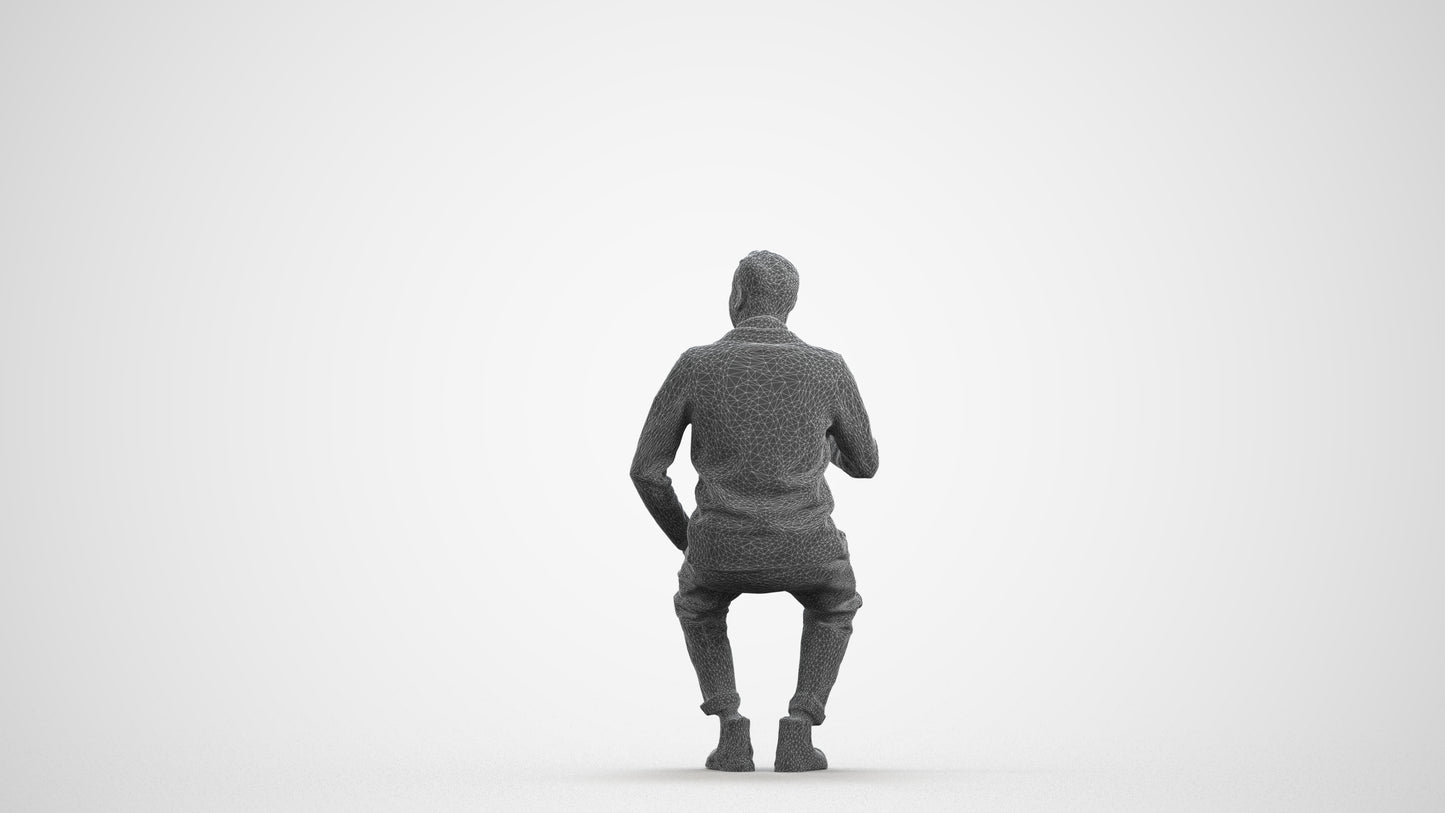 3D scanned man sitting business, photorealistic archviz people for Enscape and SketchUp, wireframe front view