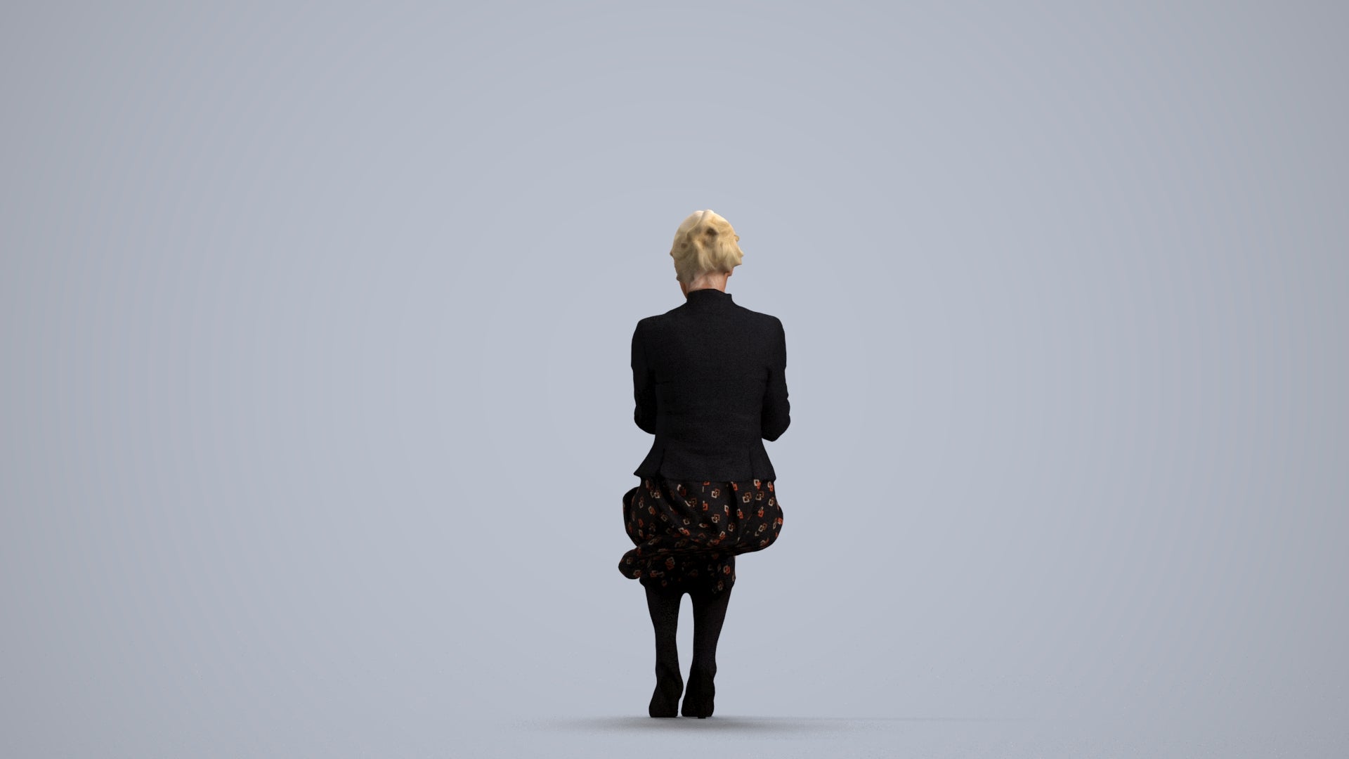 3D human model senior woman business sitting, photogrammetry scanned person for archviz, front view render