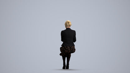 3D human model senior woman business sitting, photogrammetry scanned person for archviz, front view render