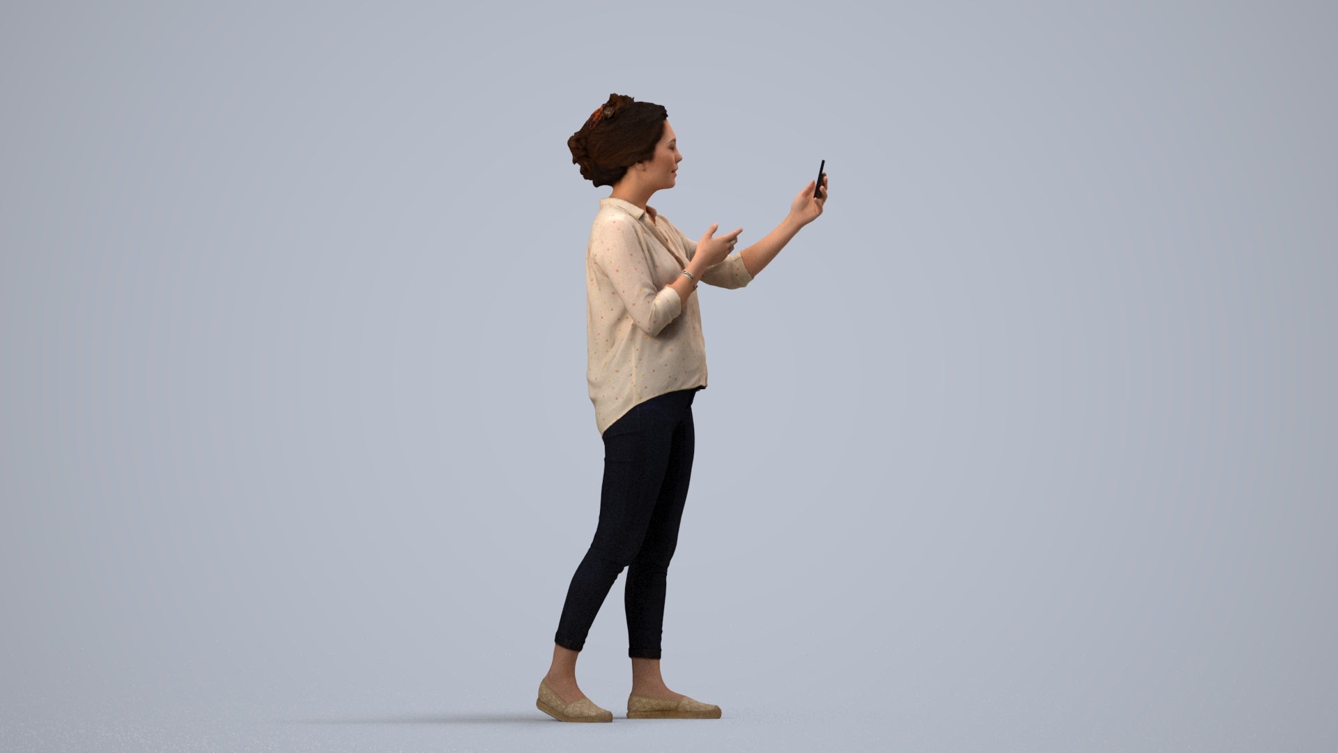 realistic 3D people woman casual standing, render-ready for V-Ray and Corona, FBX OBJ, side view render
