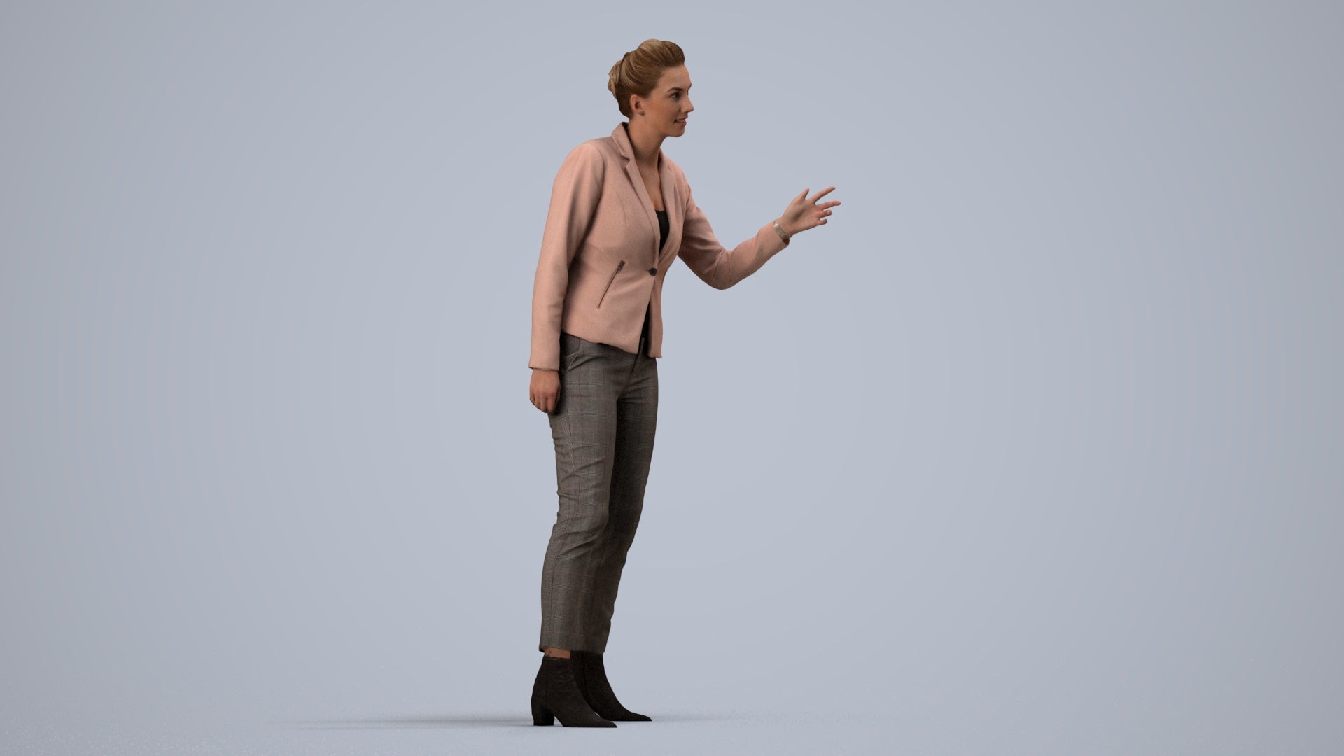 3D human model woman business, photogrammetry scanned person for archviz, side view render