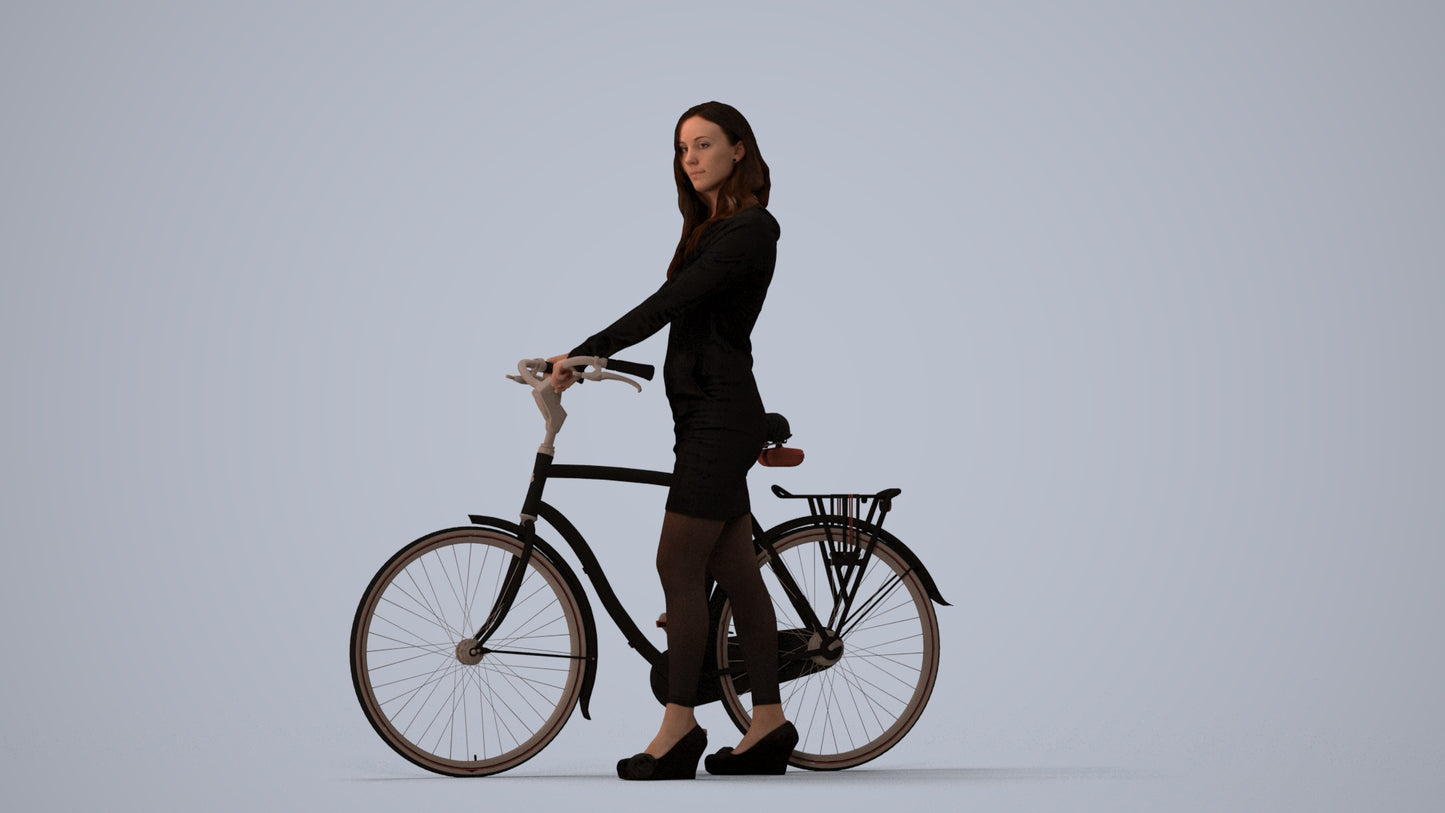 3D people model woman business cycling, scanned human for 3ds Max rendering, three-quarter view render