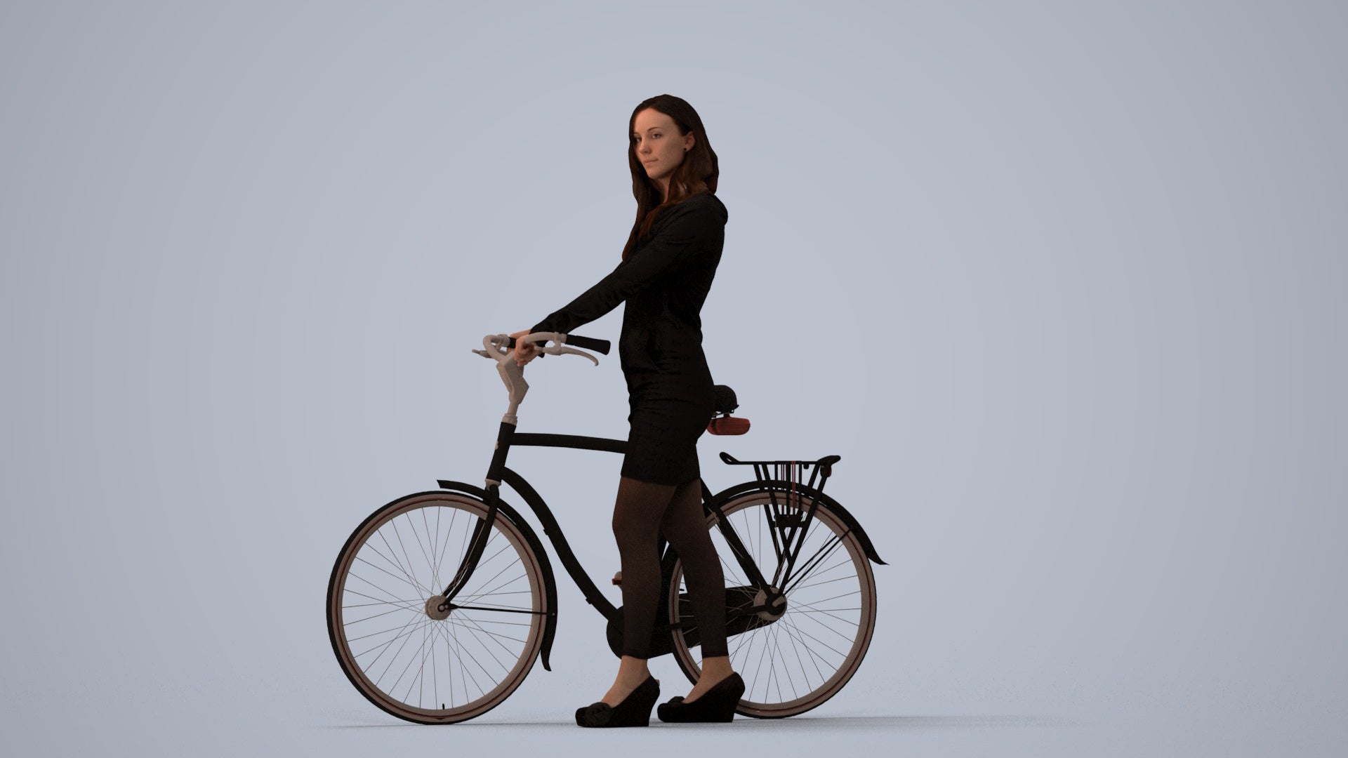 3D people model woman business cycling, scanned human for 3ds Max rendering, three-quarter view render