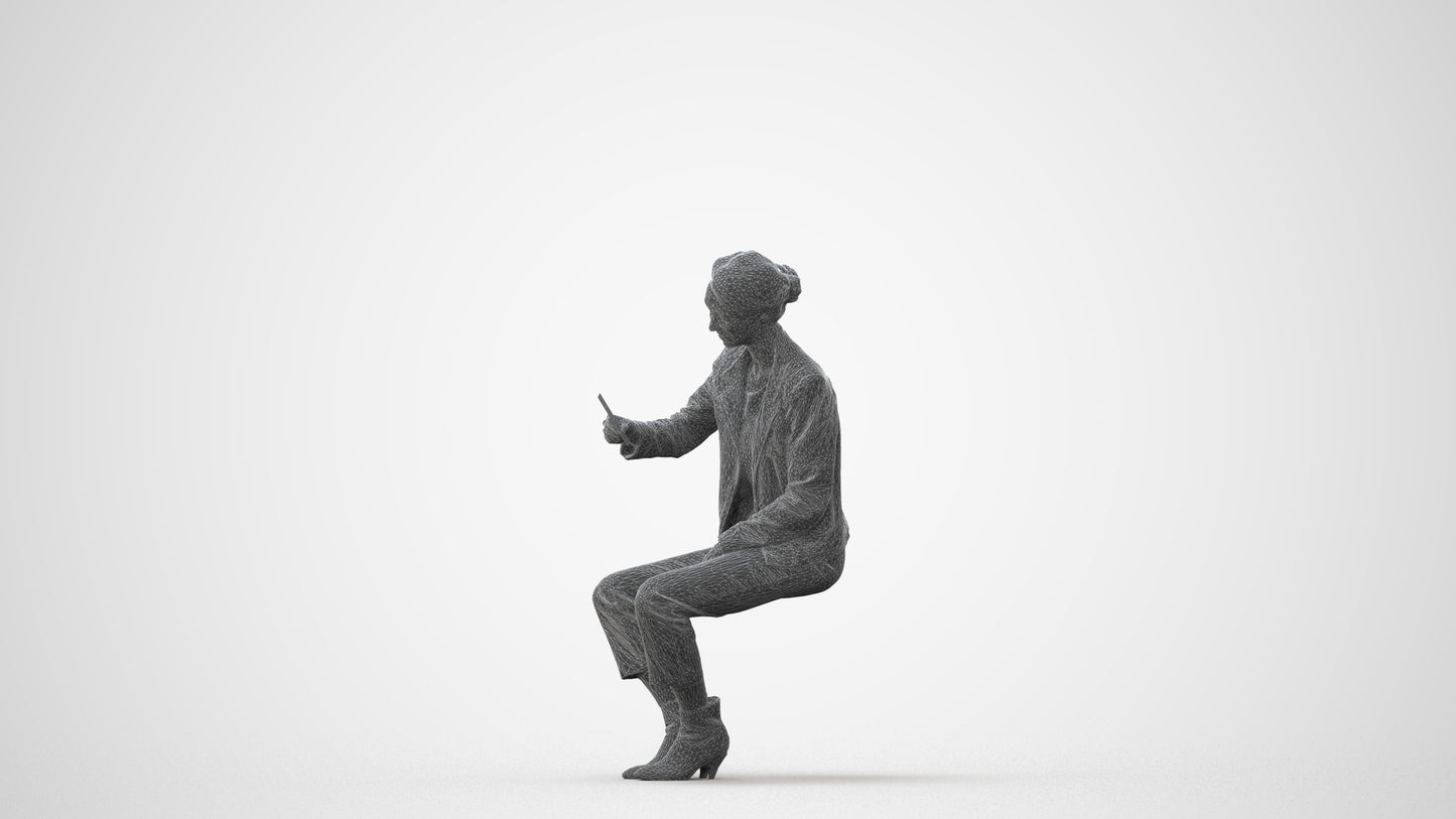 realistic 3D woman business sitting, scanned archviz people for Blender and 3ds Max, square thumbnail