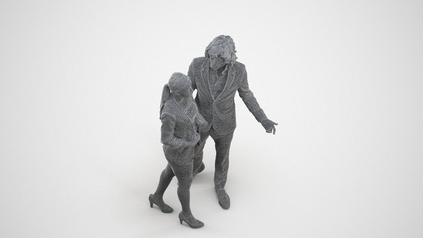 3D human model woman business, photogrammetry scanned person for archviz, wireframe three-quarter view