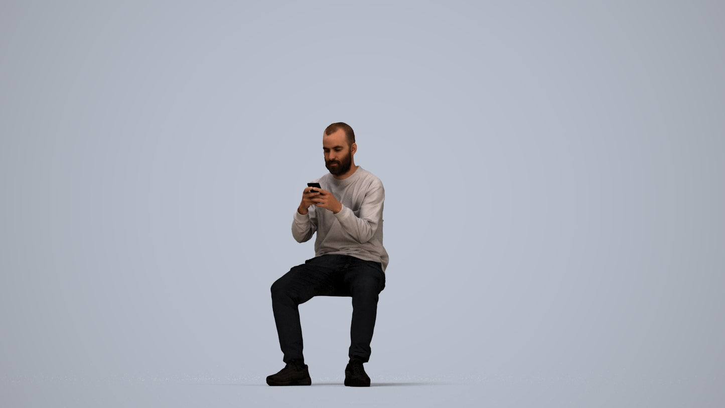3D human model man casual sitting, photogrammetry scanned person for archviz, top-down view render