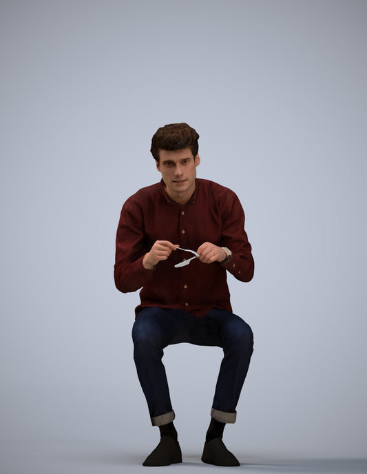 scanned 3D man casual sitting, photogrammetry people for Enscape and V-Ray