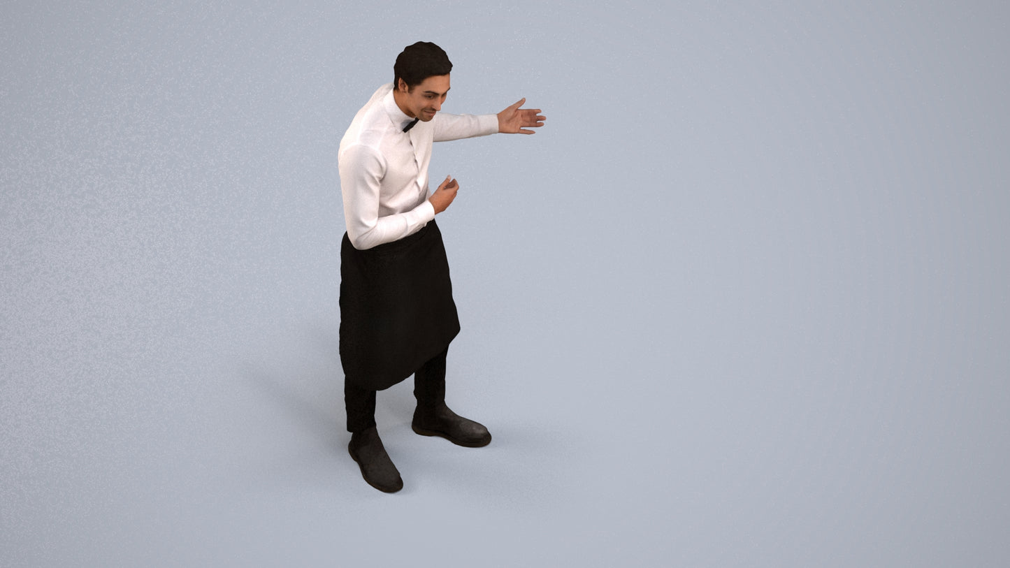 3D human model man hospitality, photogrammetry scanned person for archviz, back view render