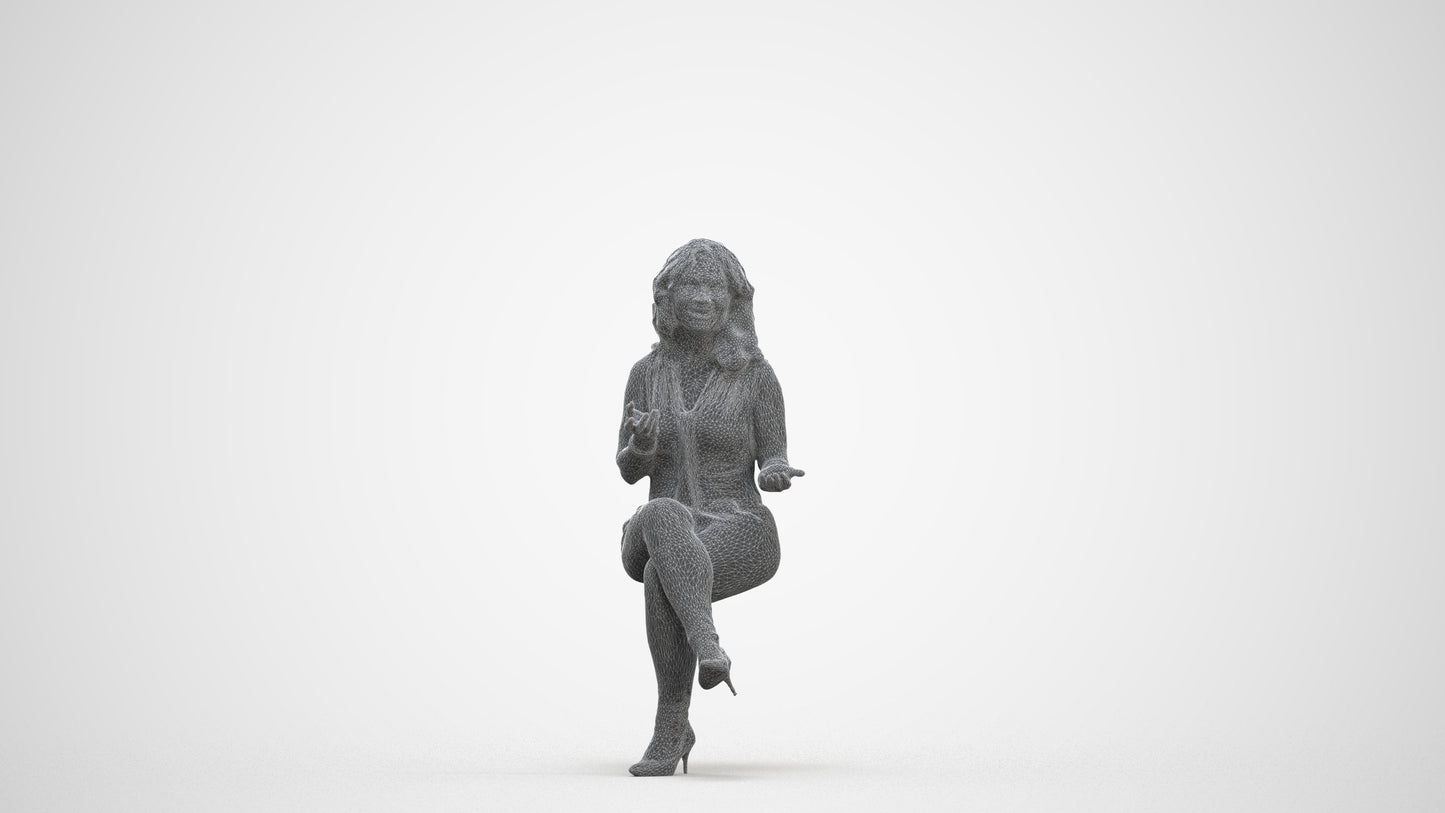 3D human model woman casual sitting, photogrammetry scanned person for archviz, three-quarter front view render